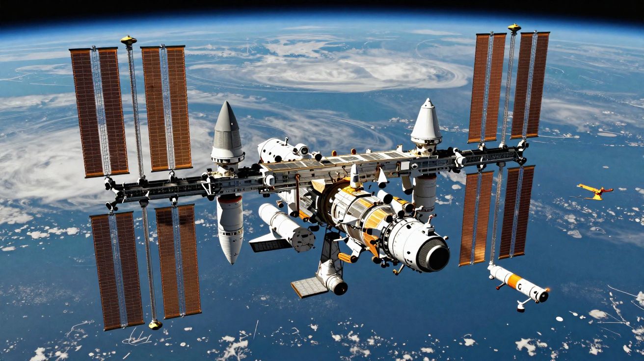 Estação espacial orbitando a Terra com painéis solares e céu azul com nuvens visíveis ao fundo.