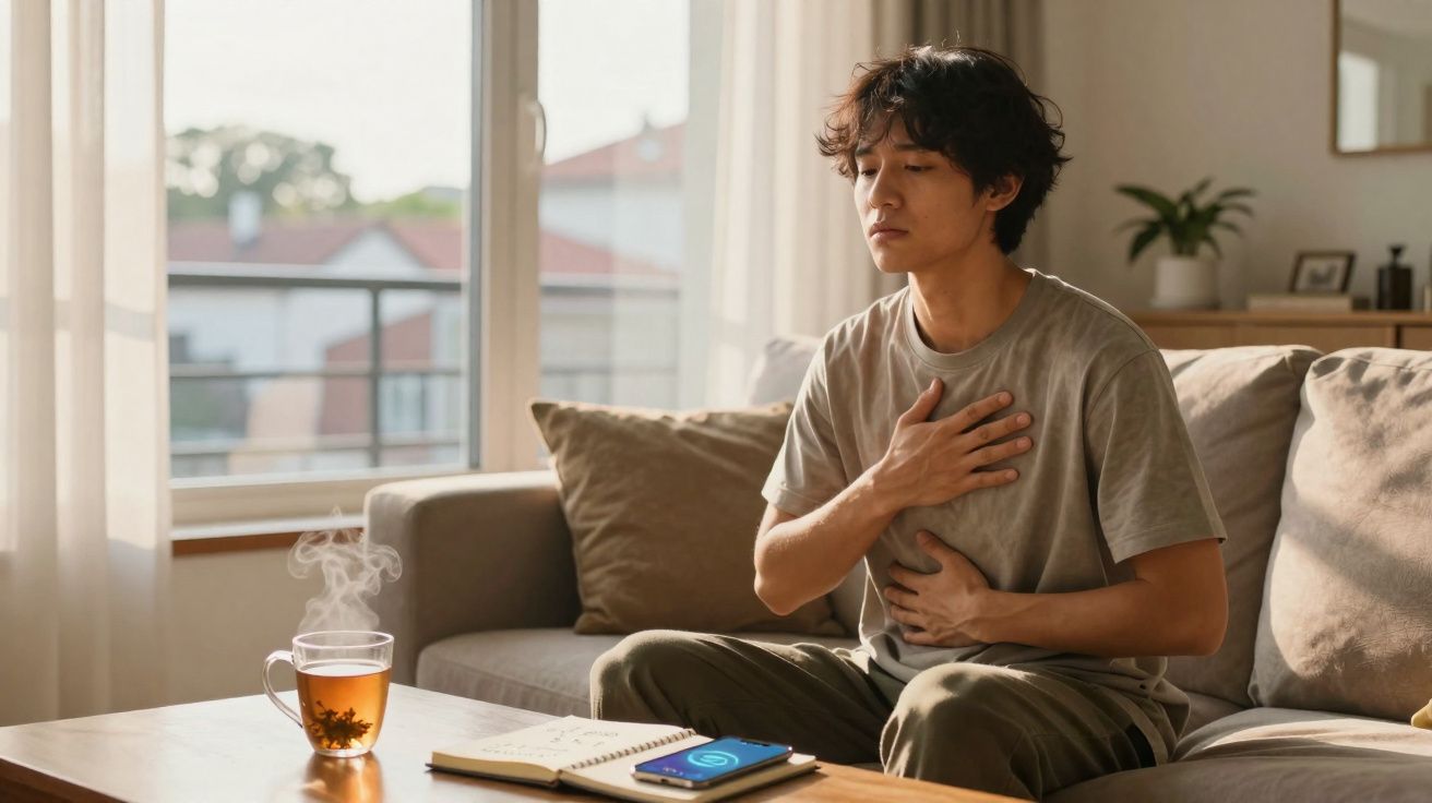 Pessoa sentada no sofá com mão no peito e na barriga, aparentando desconforto, ao lado de chá quente.