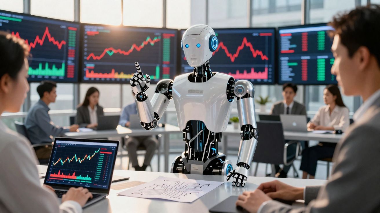 Robô apresentando gráfico para grupo de pessoas em sala de reuniões com várias telas de ações ao fundo.