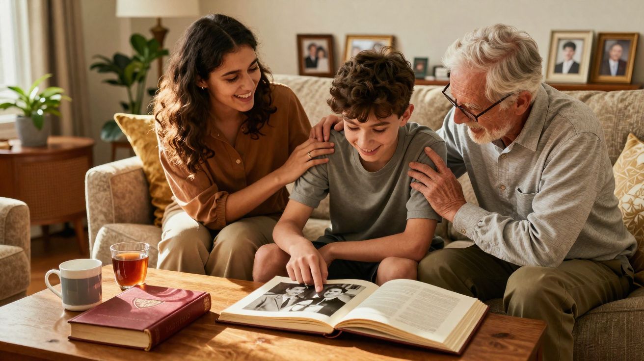 Jovem, mulher e idoso sorrindo e olhando fotos antigas em álbum na sala de estar.