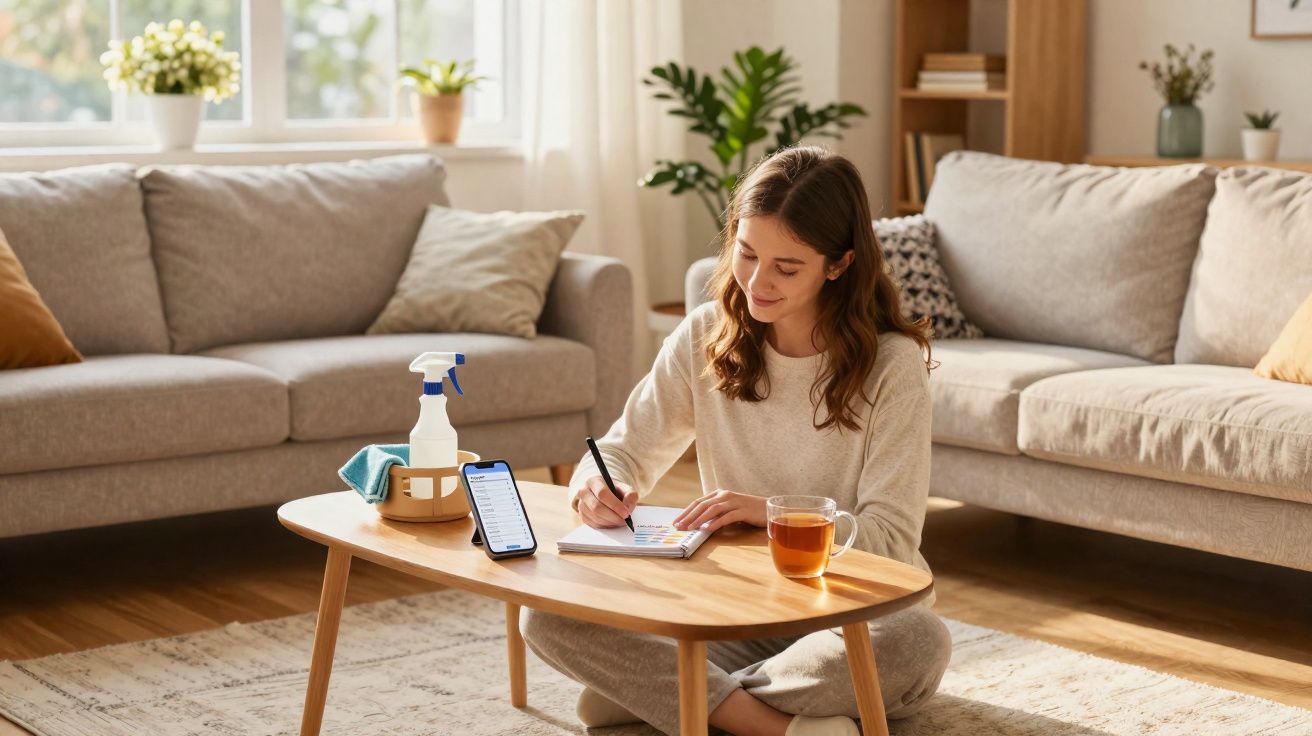 Mulher sentada no chão da sala, escrevendo em caderno com chá e celular na mesa de centro.