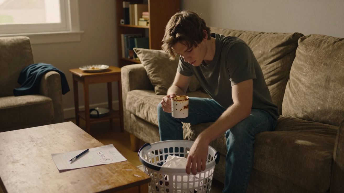 Jovem sentado no sofá segurando uma caneca e pegando roupas em uma cesta de lavanderia.