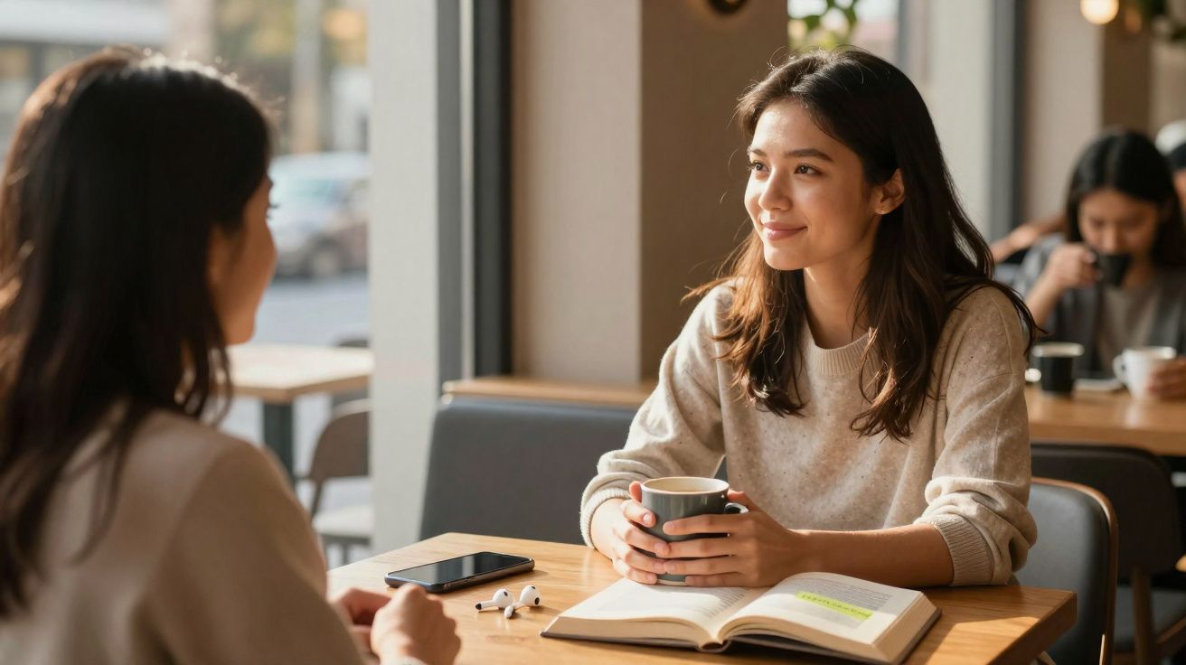 Duas mulheres conversando em cafeteria, uma segurando xícara e livro aberto na mesa.