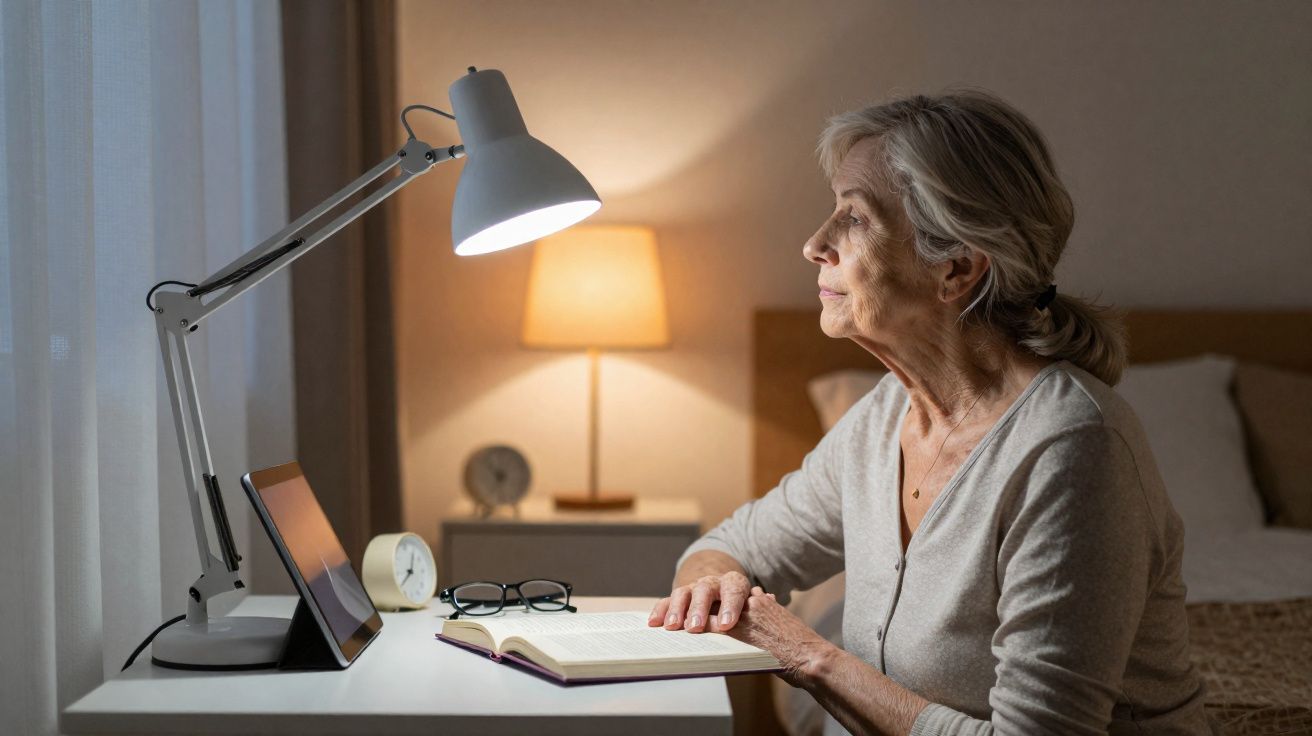 Mulher idosa sentada à mesa com livro aberto, olhando para janela com luz de abajur e luminária branca.