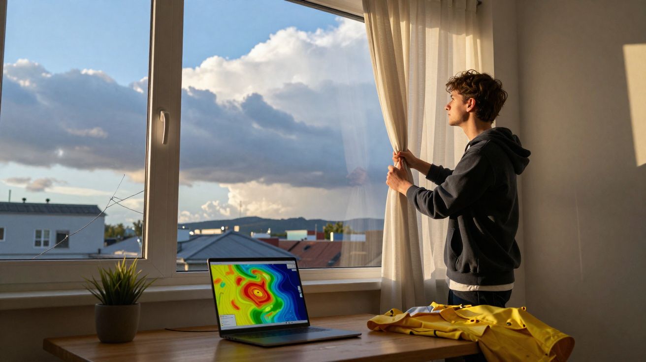 Homem abre cortina em quarto iluminado, com laptop mostrando mapa colorido sobre mesa.