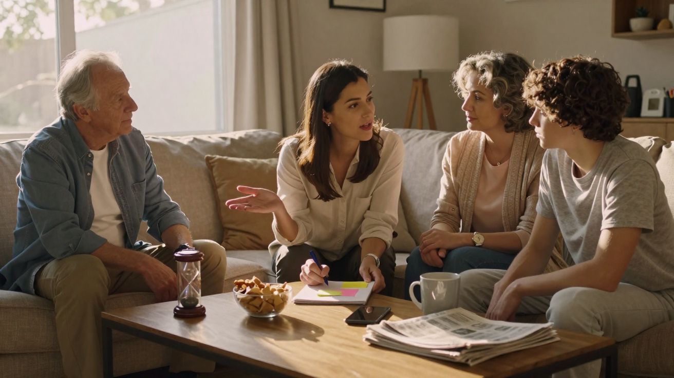 Grupo de quatro pessoas conversando sentadas em sofá, com mesa de centro e objetos à frente em sala iluminada.