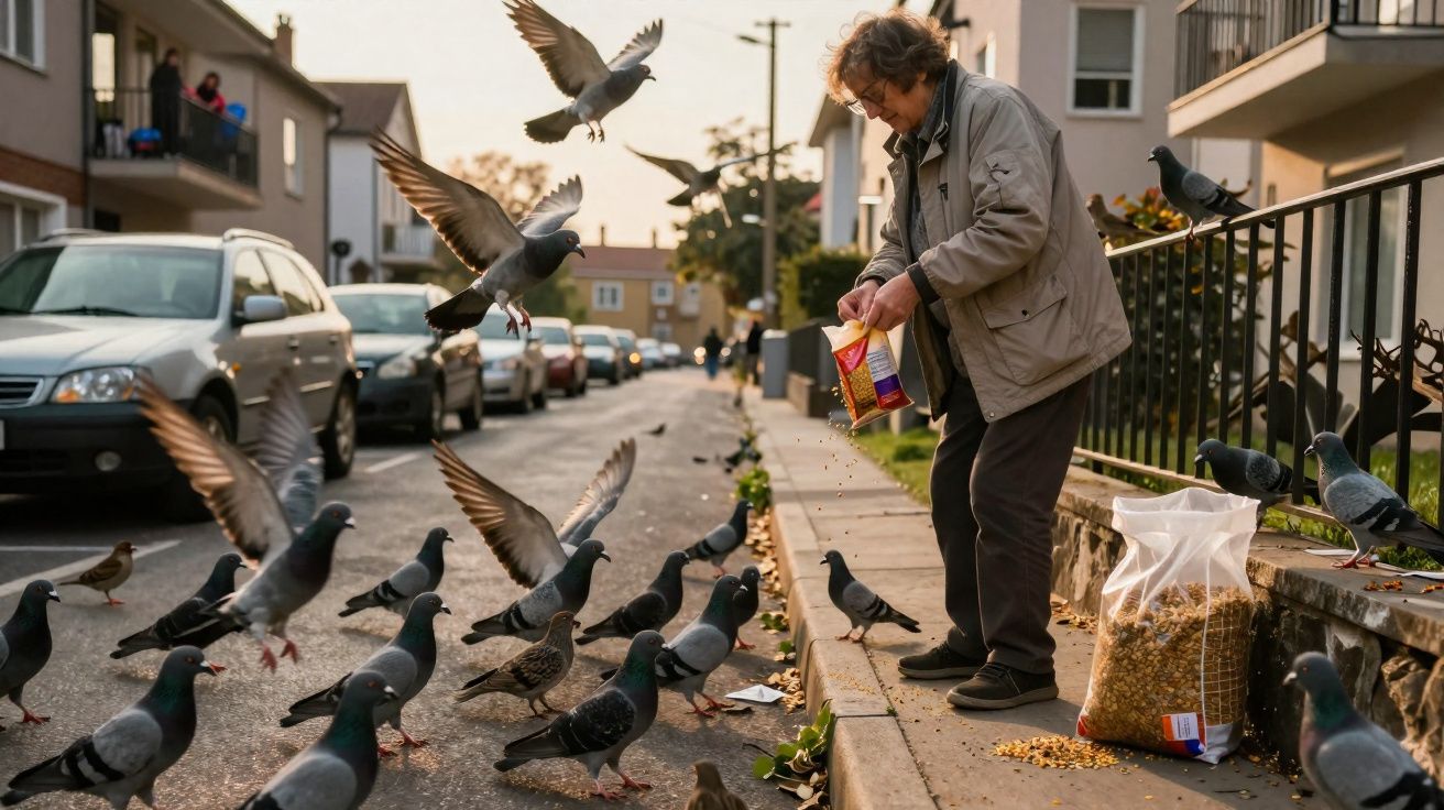 Pessoa alimentando pombos na calçada de rua residencial ao entardecer, com carros estacionados ao fundo.