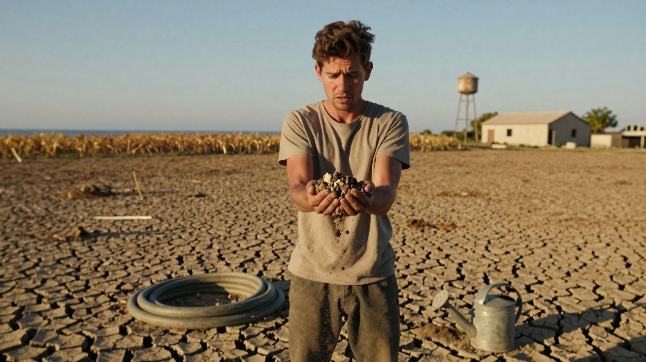 Homem segurando terra seca em campo rachado sob céu claro, ao fundo casa e torre d’água.