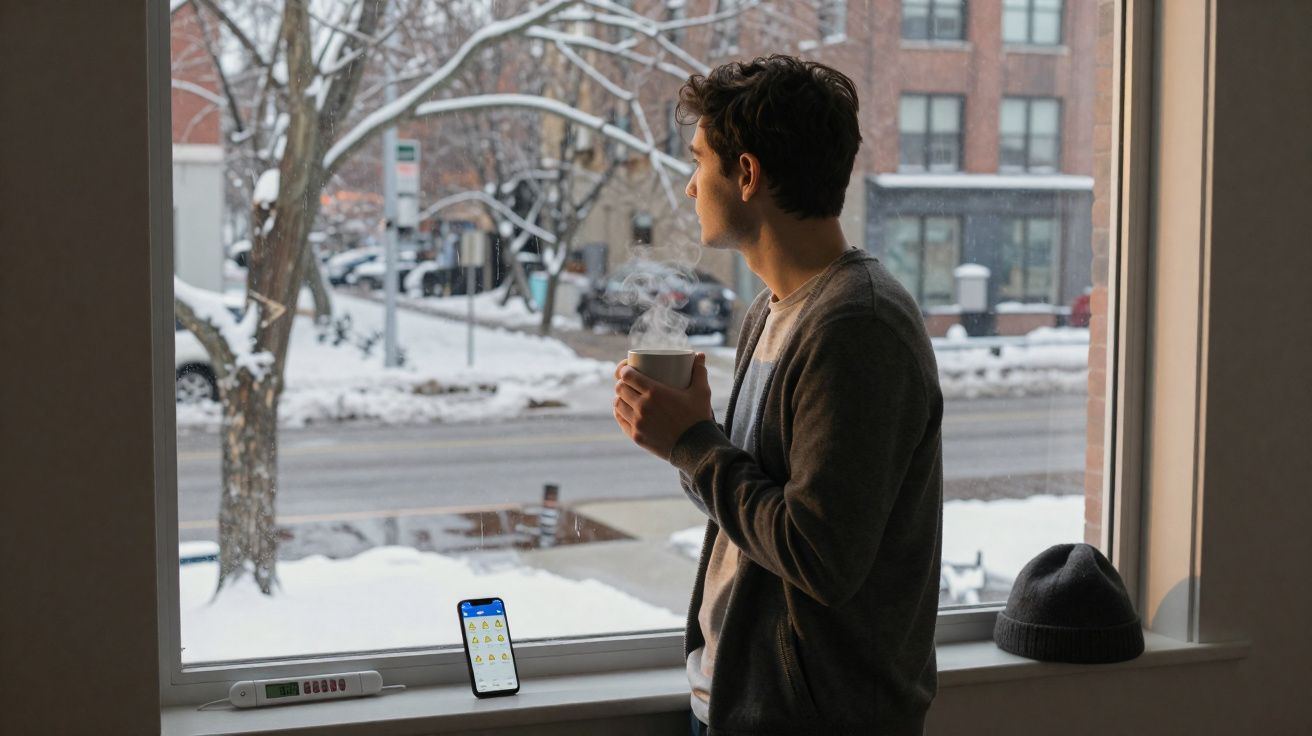 Jovem segurando xícara fumegante, olhando pela janela para rua nevada em dia frio de inverno.