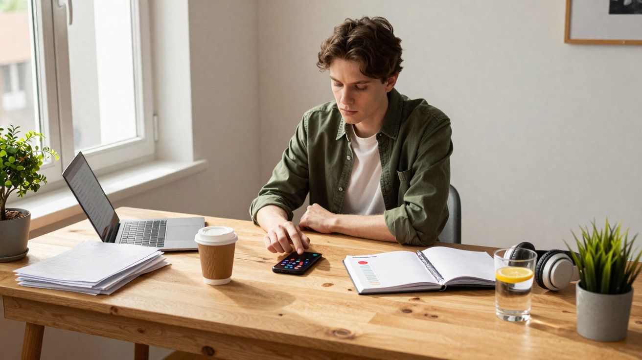 Jovem usando calculadora em mesa com laptop, caderno, copo de café, fones e plantas ao lado da janela.