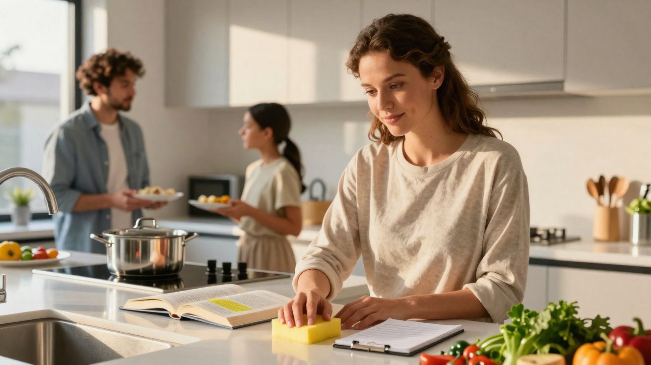 Jovem limpando a cozinha enquanto duas pessoas ao fundo preparam comida em ambiente iluminado.