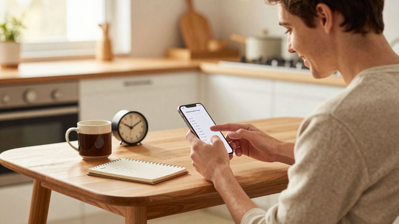 Pessoa sentada à mesa de madeira em cozinha, usando celular, com caderno, caneca e relógio ao fundo.