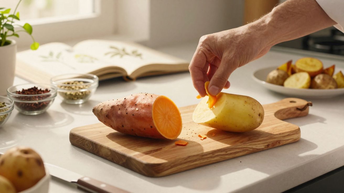 Mão retirando pedaço da casca de batata em tábua de madeira na cozinha iluminada.