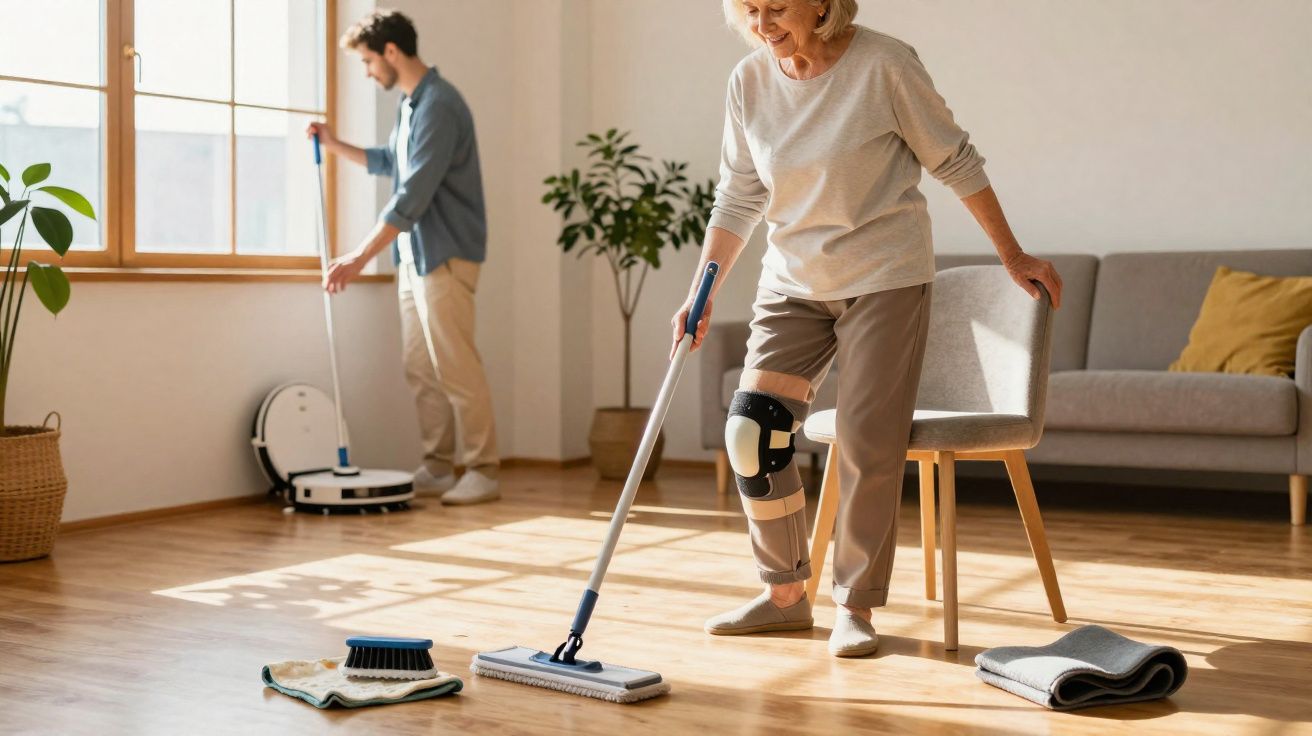 Mulher idosa com joelheira limpando chão com esfregão, homem jovem ao fundo usando rodo perto da janela.