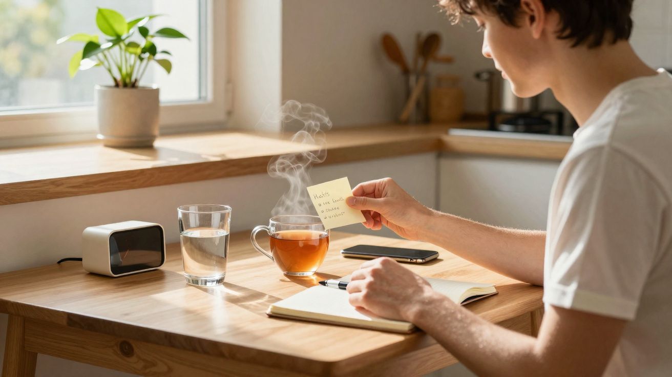 Pessoa sentada em mesa de madeira com chá quente, caderno, copo d'água e planta junto à janela iluminada.