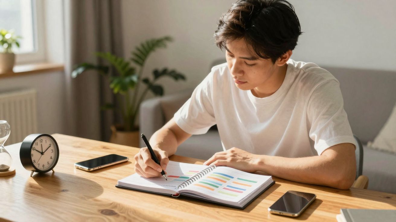 Jovem estudando e fazendo anotações em caderno com gráficos, em mesa com relógio e dois celulares.