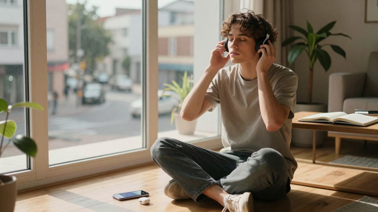 Jovem sentado no chão ouvindo música com fones enquanto relaxa perto da janela em ambiente iluminado.