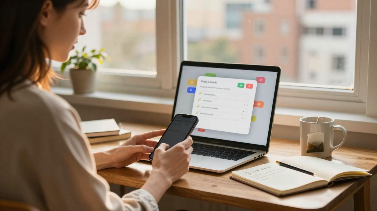 Pessoa usando celular e computador com lista de tarefas à frente, em mesa com livro e xícara de chá.
