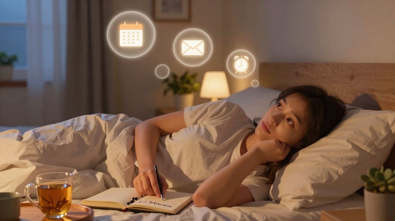 Mulher deitada na cama à noite, escrevendo em caderno e pensando em calendário, e-mail e alarme.