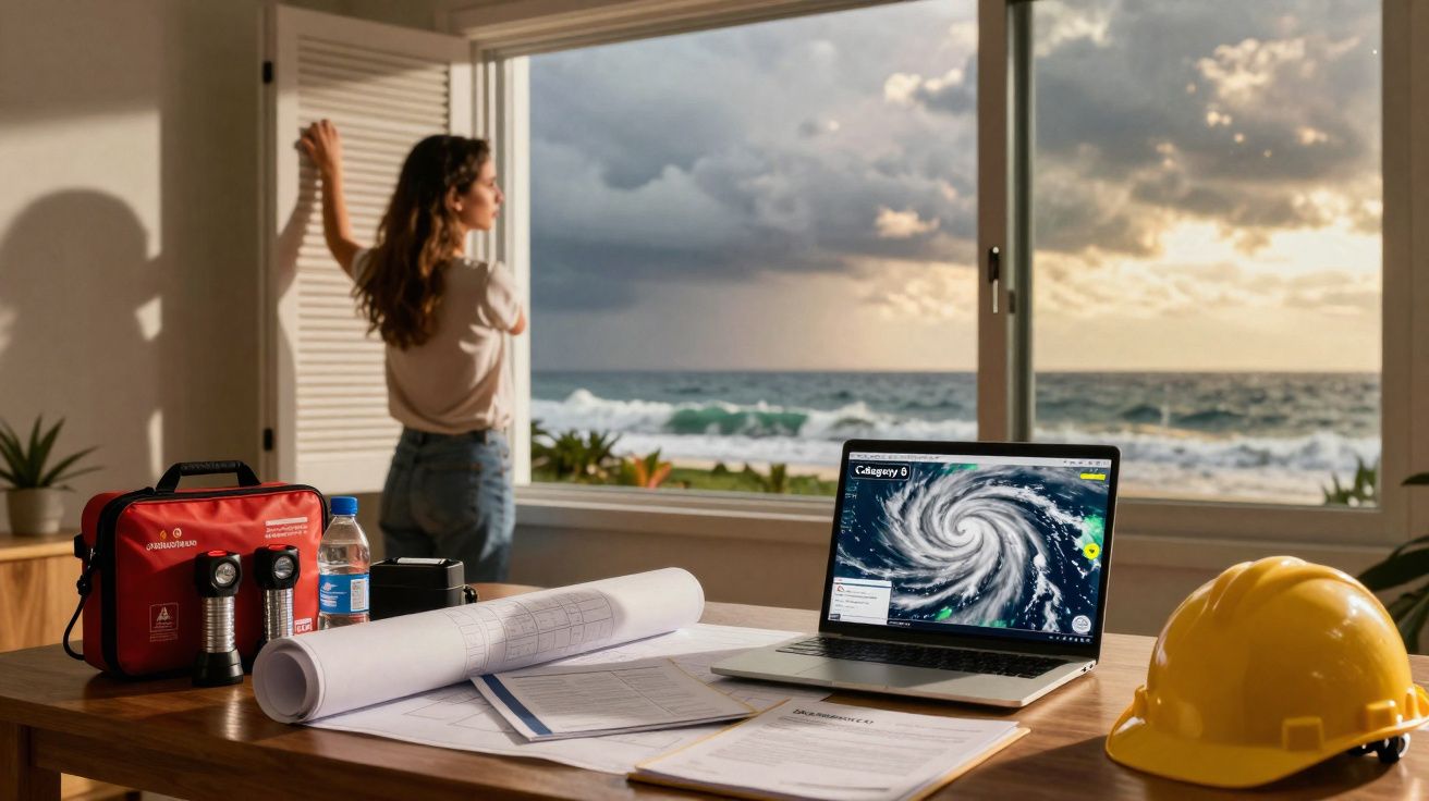 Mulher observa tempestade no mar enquanto mesa exibe itens de emergência e laptop com imagem de furacão.