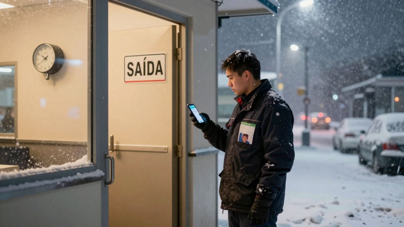 Homem com roupa de inverno usando celular em porta com placa escrita "Saída" durante nevasca à noite.