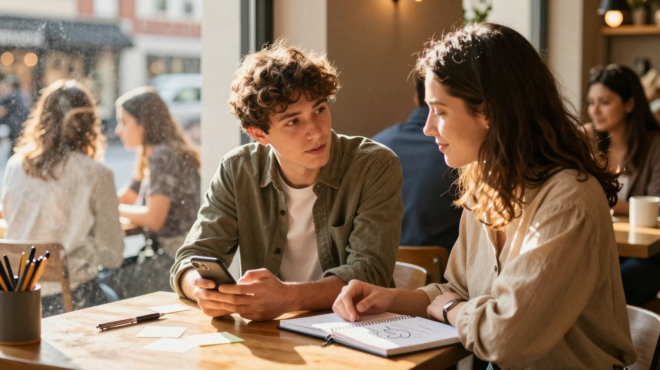 Jovem e mulher conversam sentados à mesa de café com bloco de notas e celular em ambiente iluminado e movimentado.