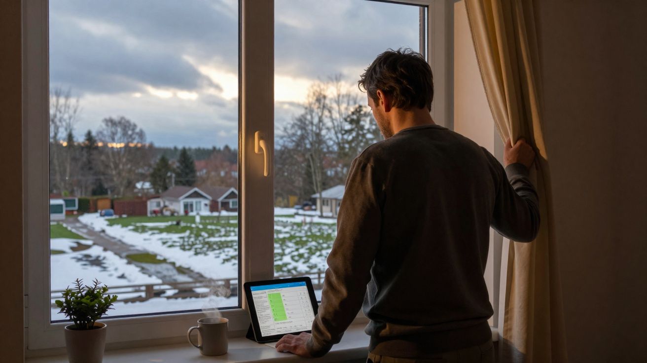 Homem olhando pela janela enquanto trabalha em tablet com paisagem de inverno e neve do lado de fora.