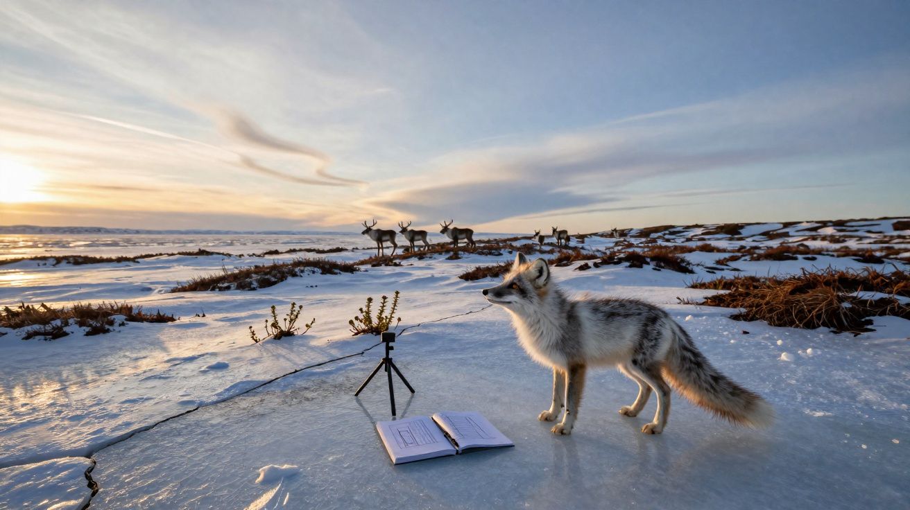 Raposa ártica ao lado de livro aberto e câmera em tripé, com renas ao fundo em paisagem nevada ao pôr do sol.