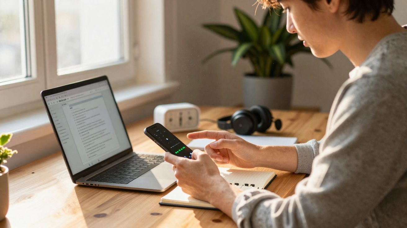Pessoa usando celular e notebook em mesa de madeira próxima à janela em ambiente interno iluminado.