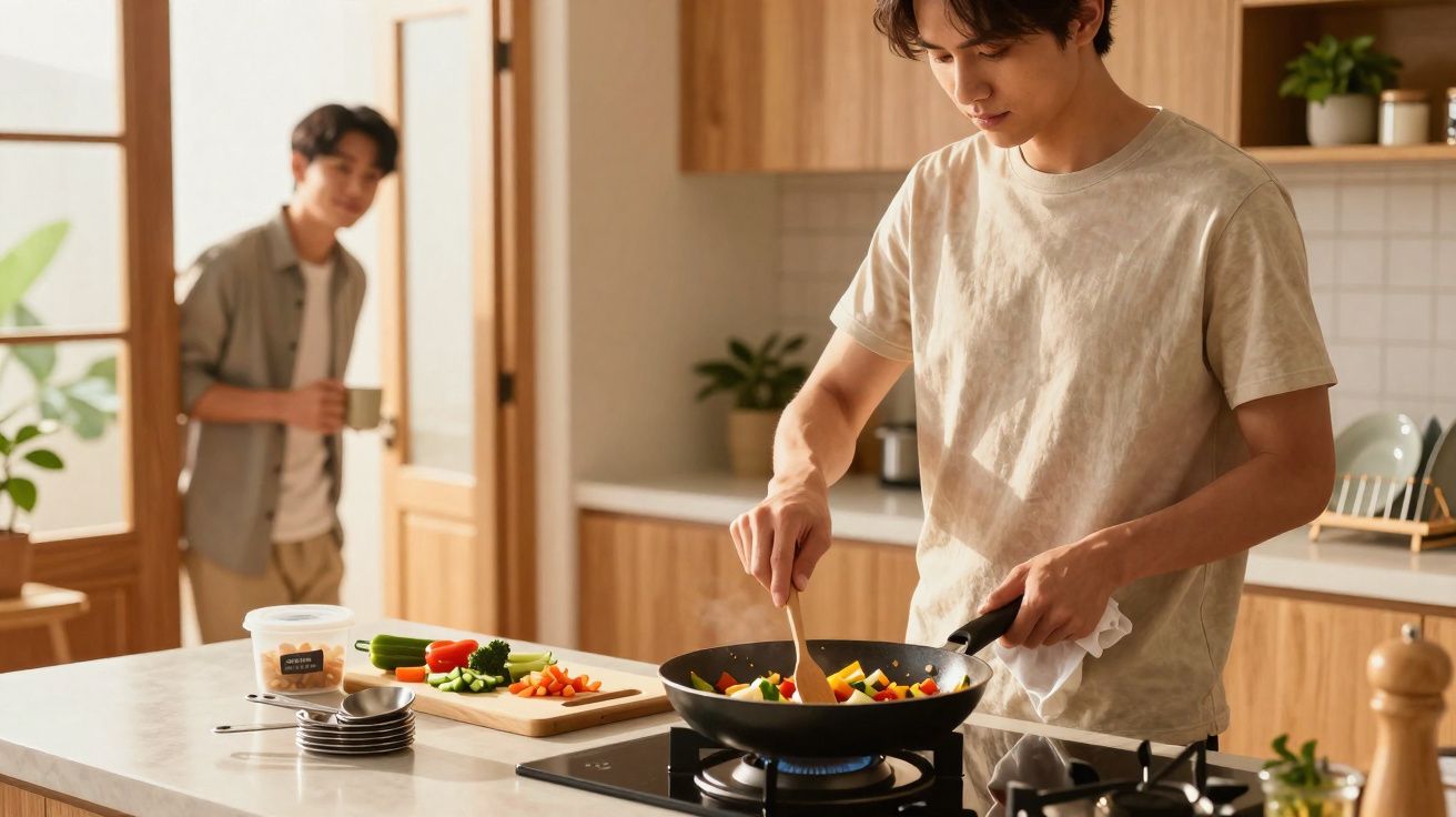 Jovem cozinha legumes em frigideira na cozinha enquanto outra pessoa observa com xícara na mão.
