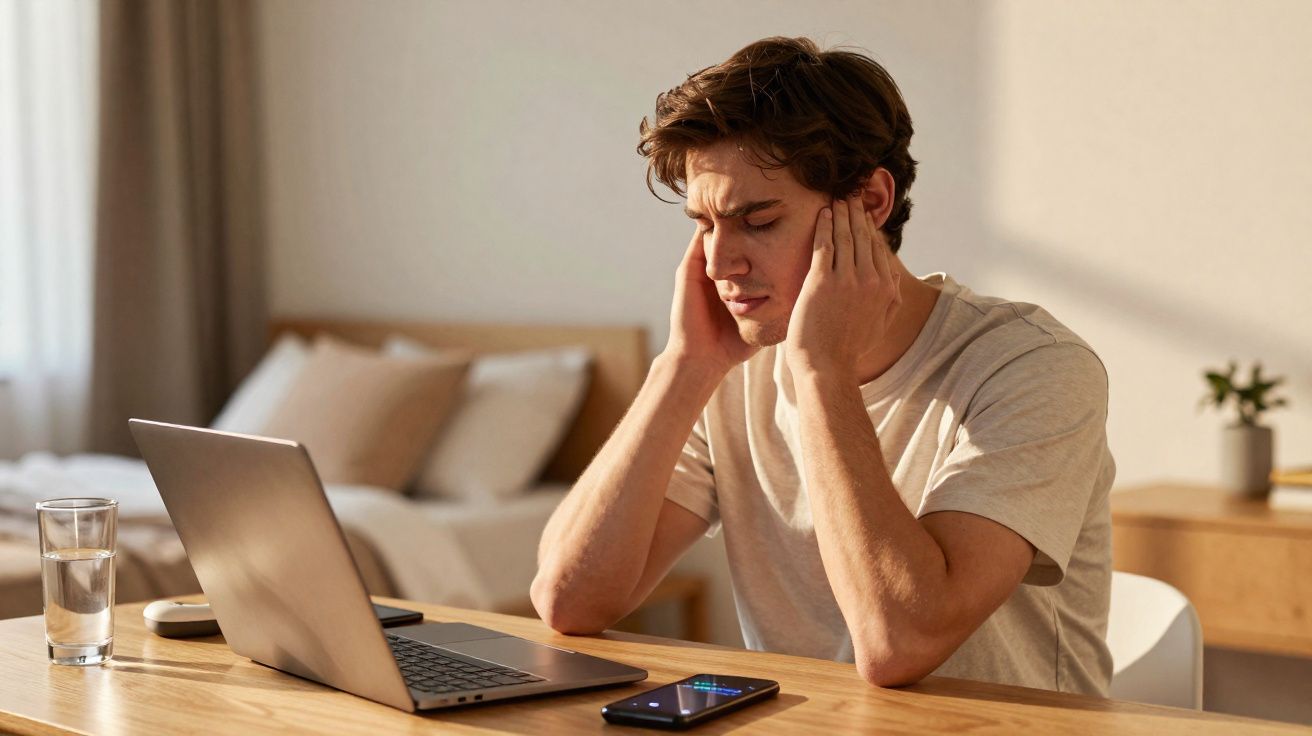 Homem jovem sentado à mesa com laptop, segurando a cabeça com expressão de cansaço ou dor.