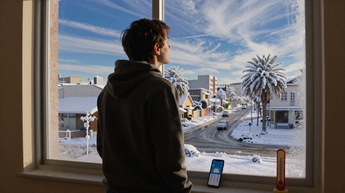 Homem de moletom observa cidade coberta de neve pela janela com termômetro e celular no parapeito.