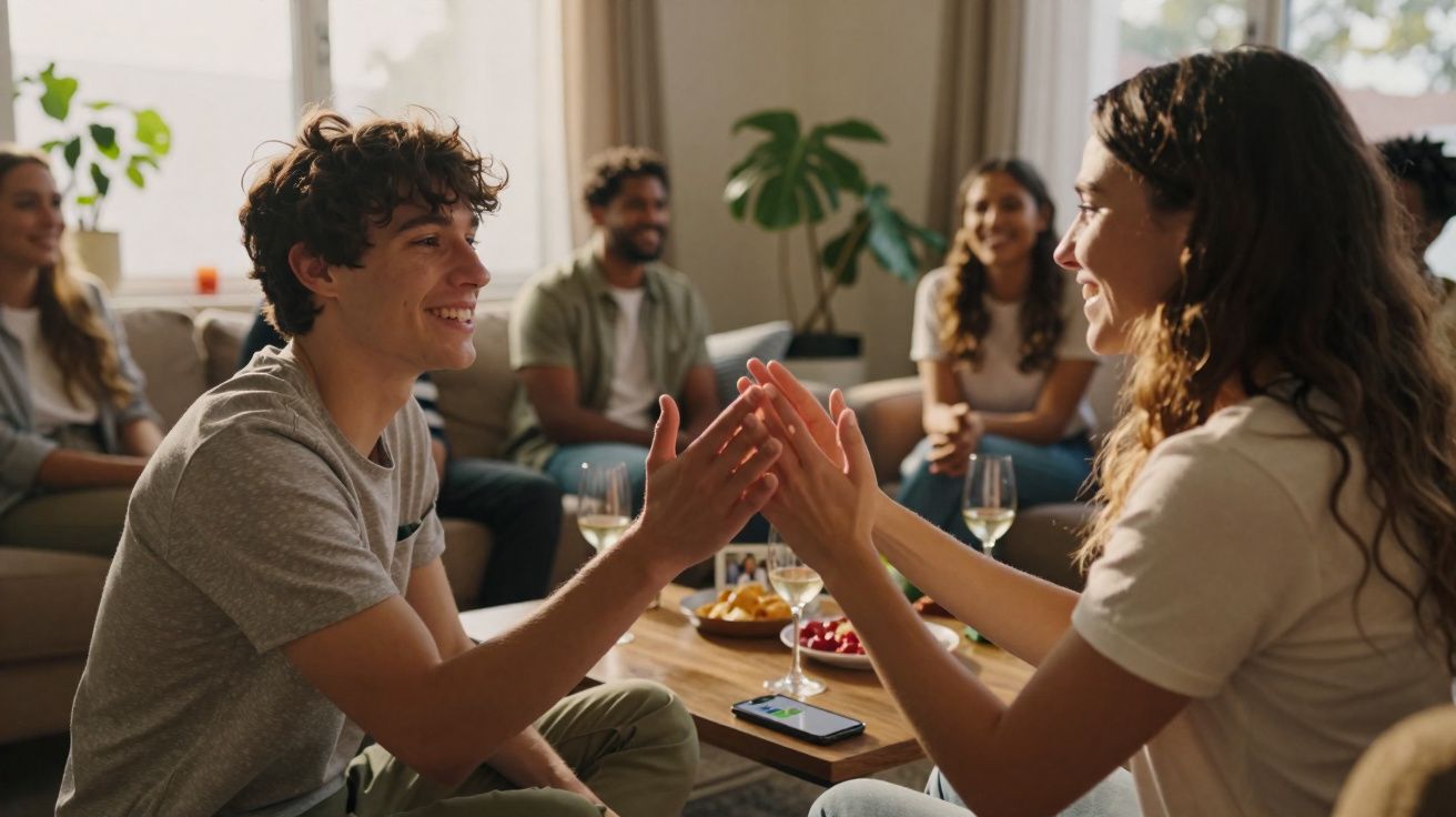 Grupo de amigos sorrindo e brincando em sala aconchegante com petiscos e bebidas na mesa.