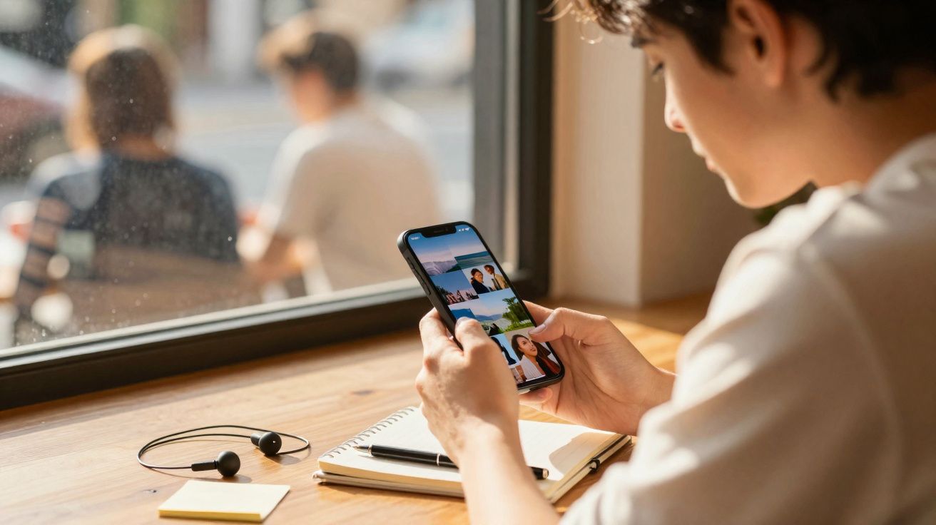 Jovem sentado à mesa olhando fotos no celular, com fones de ouvido, caderno e caneta ao lado.