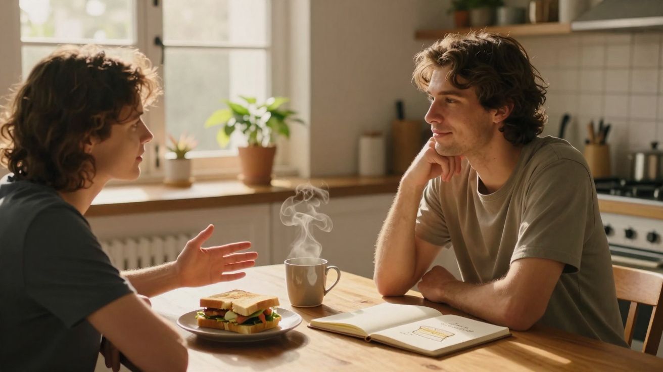 Duas pessoas conversando à mesa de cozinha com lanche, xícara de café e caderno aberto durante o dia.