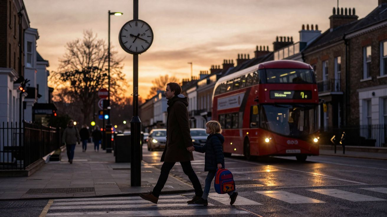 Adulto e criança atravessando faixa de pedestres ao pôr do sol, com ônibus vermelho ao fundo em rua urbana.