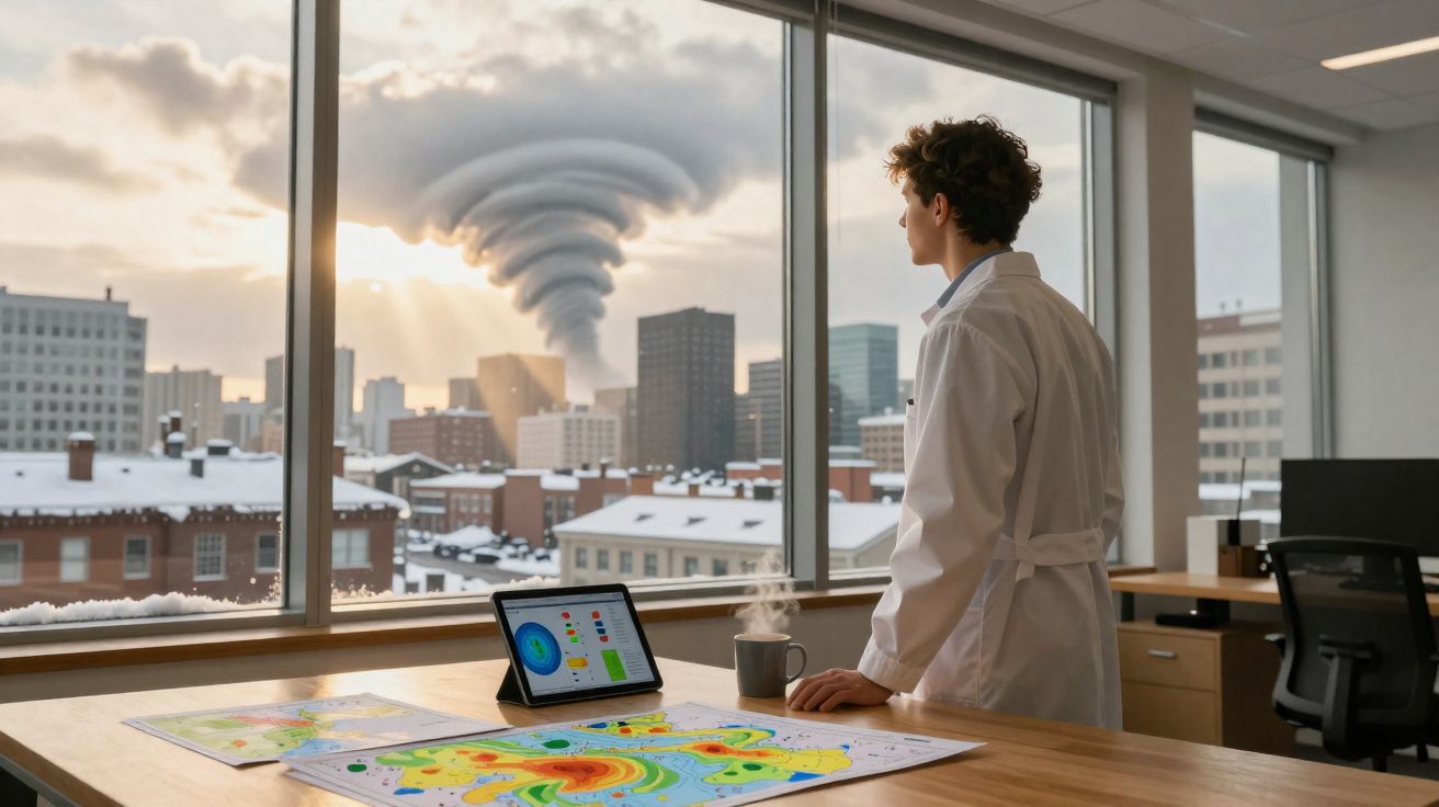 Cientista observa nuvem em espiral incomum sobre cidade coberta de neve a partir de escritório moderno.