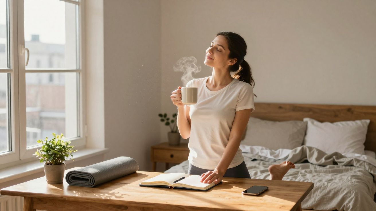 Mulher relaxando com uma xícara de bebida quente em pé ao lado de mesa com livro, tapete de yoga e celular.