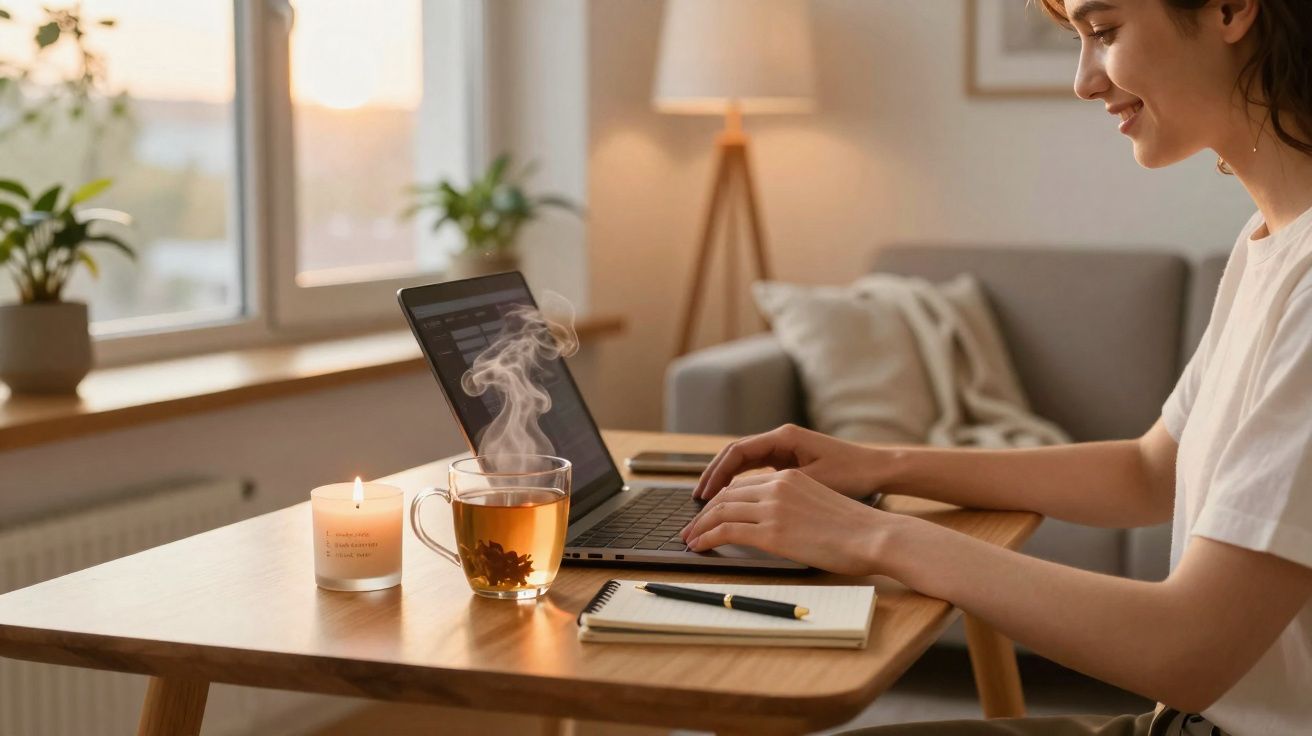 Mulher sorridente trabalhando no laptop com chá quente e vela acesa sobre mesa de madeira.