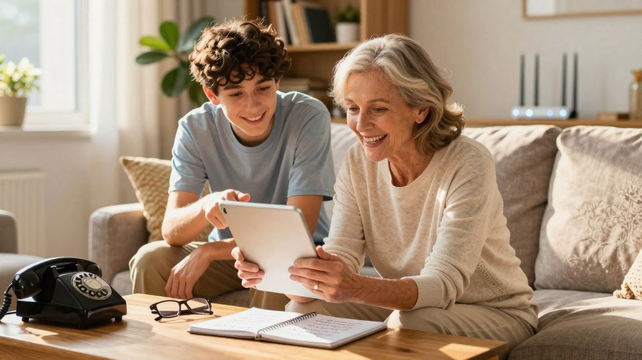 Avó e neto sentados no sofá, sorrindo e olhando juntos para um tablet em uma sala iluminada.