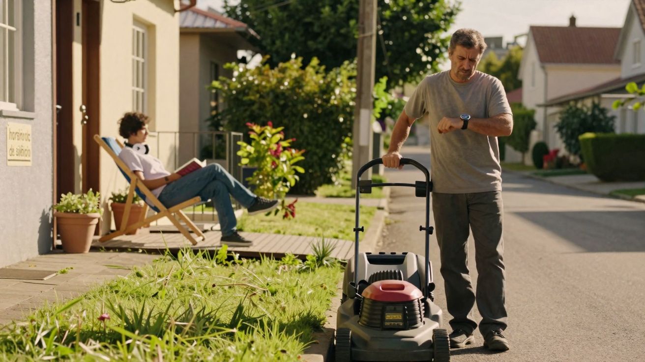 Homem verificando relógio ao empurrar cortador de grama, com pessoa lendo sentada no banco ao fundo.