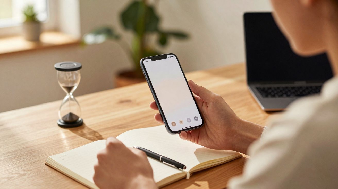 Pessoa segurando celular com tela em branco, com caderno, caneta e ampulheta sobre mesa de madeira clara.