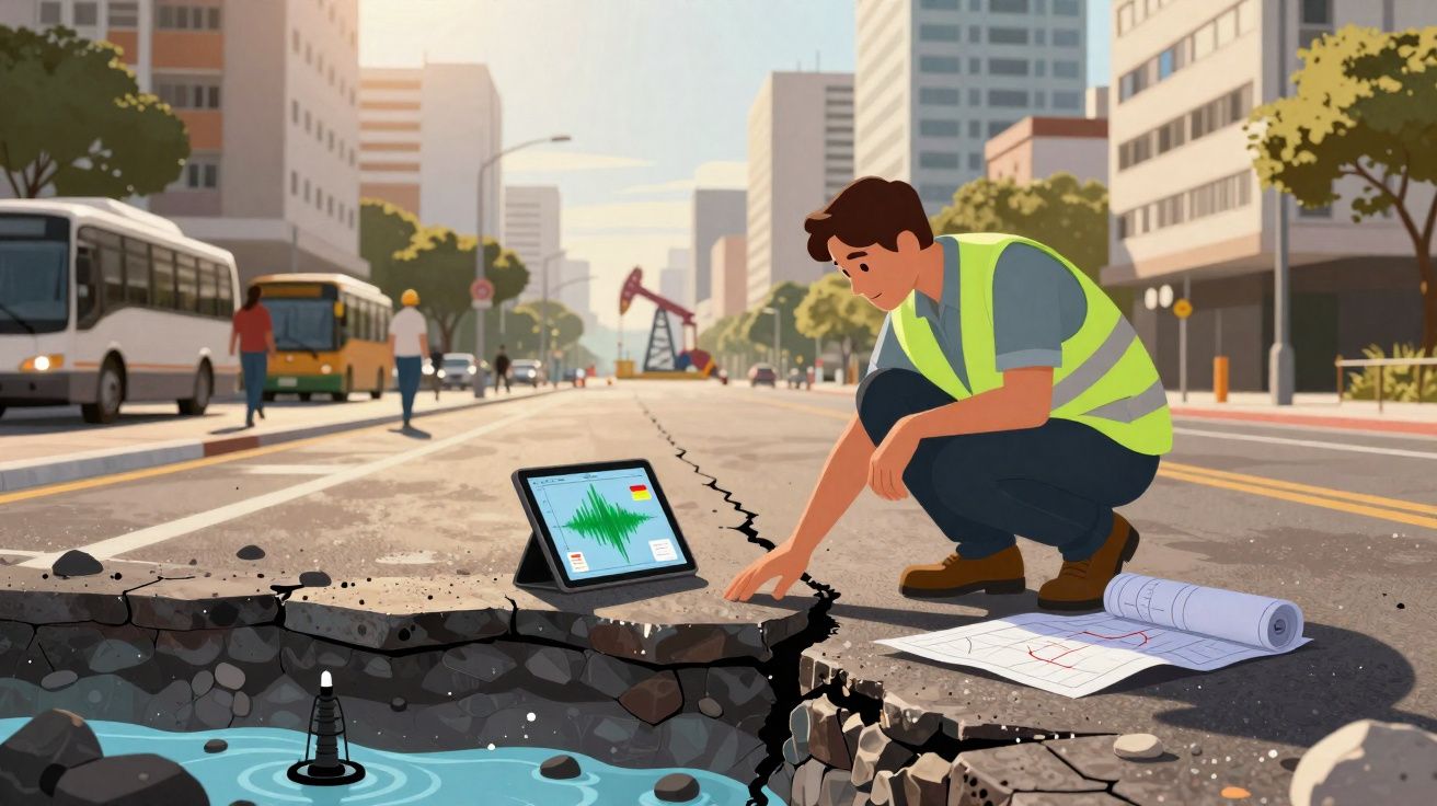 Homem com colete refletivo analisa rachadura na rua com tablet e planta em área urbana.