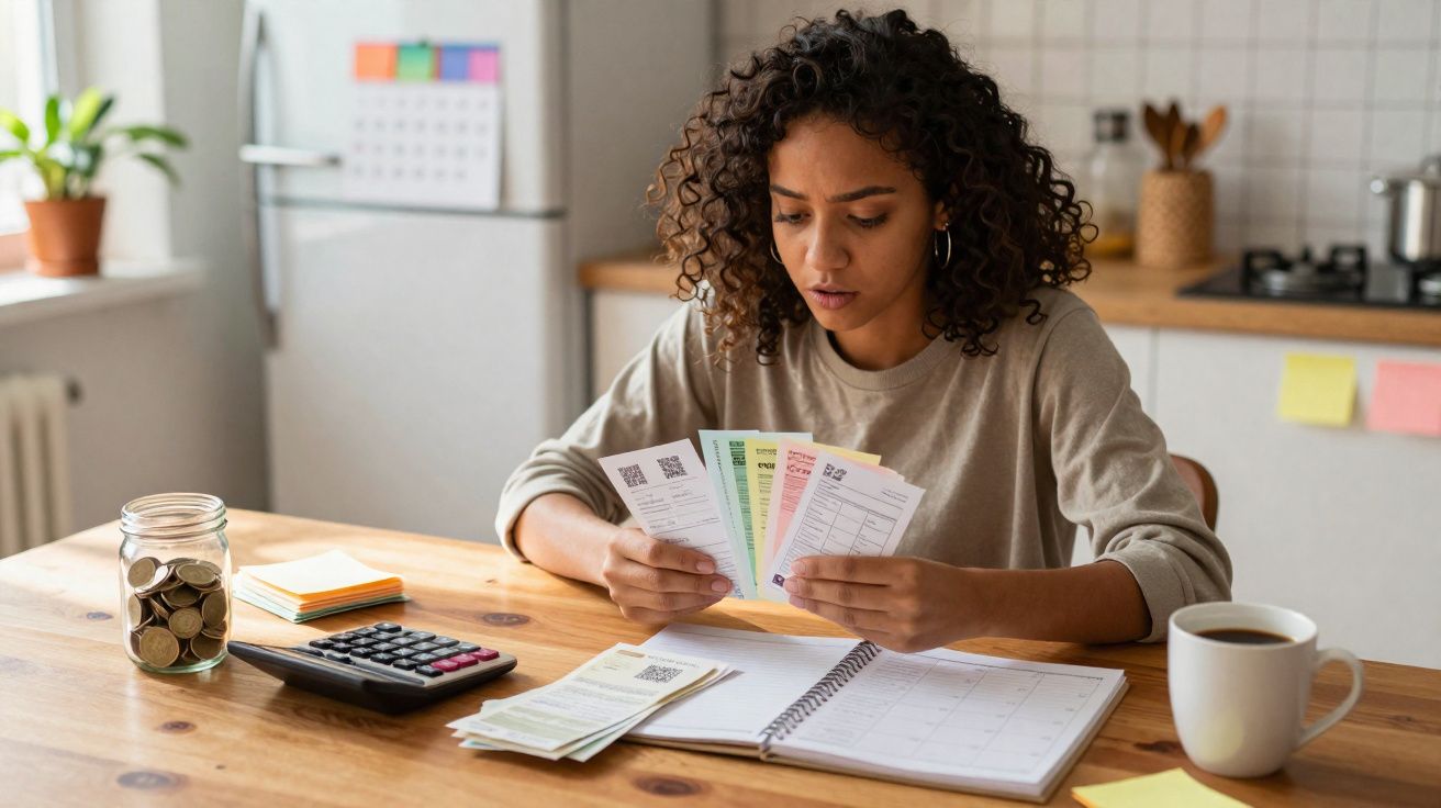 Mulher sentada à mesa em casa, analisando boletos com moedas, calculadora, caderno e café à frente.