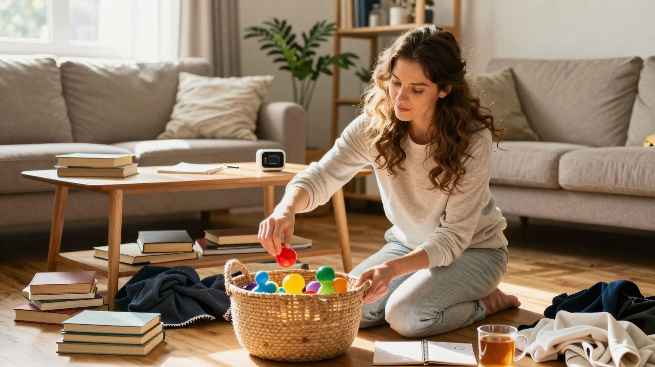 Mulher sentada no chão organizando brinquedos coloridos em uma cesta em uma sala de estar.