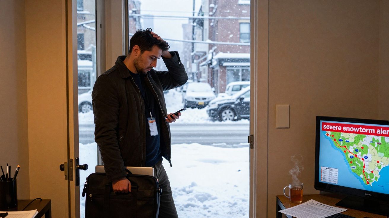 Homem preocupado dentro de casa olhando celular com neve e alerta de tempestade na tela do computador.