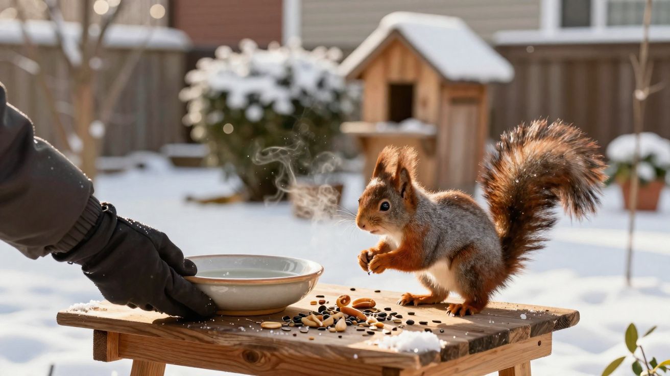 Esquilo se alimenta em mesa de madeira coberta por neve, com recipiente e mão enluvada ao lado.