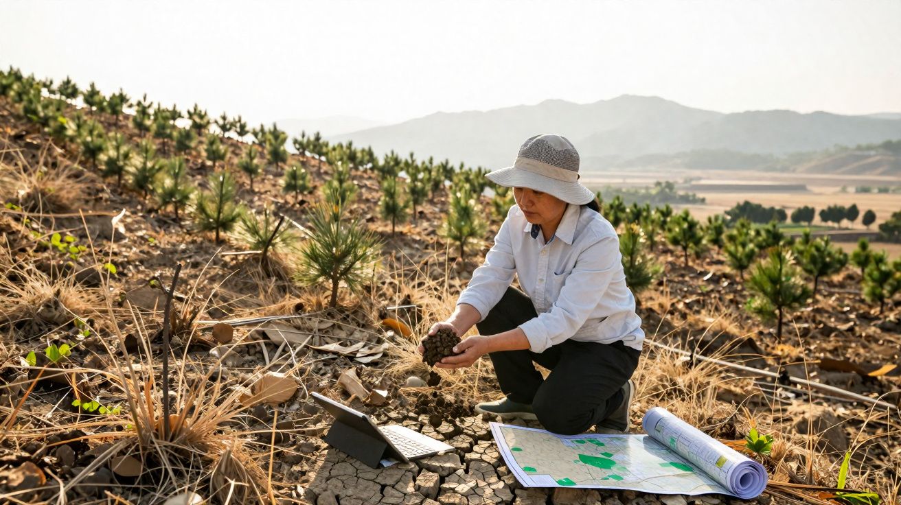 Mulher com chapéu analisa solo seco em área de reflorestamento com mapas e tablet ao lado.