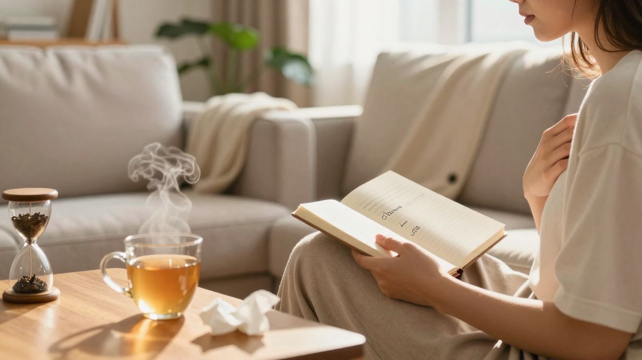 Mulher sentada no sofá lendo livro com xícara de chá quente e ampulheta na mesa à frente.