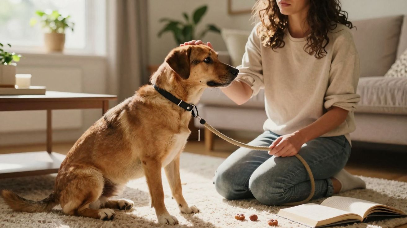 Mulher acariciando cachorro sentado em sala com tapete, livro aberto e plantas ao fundo.